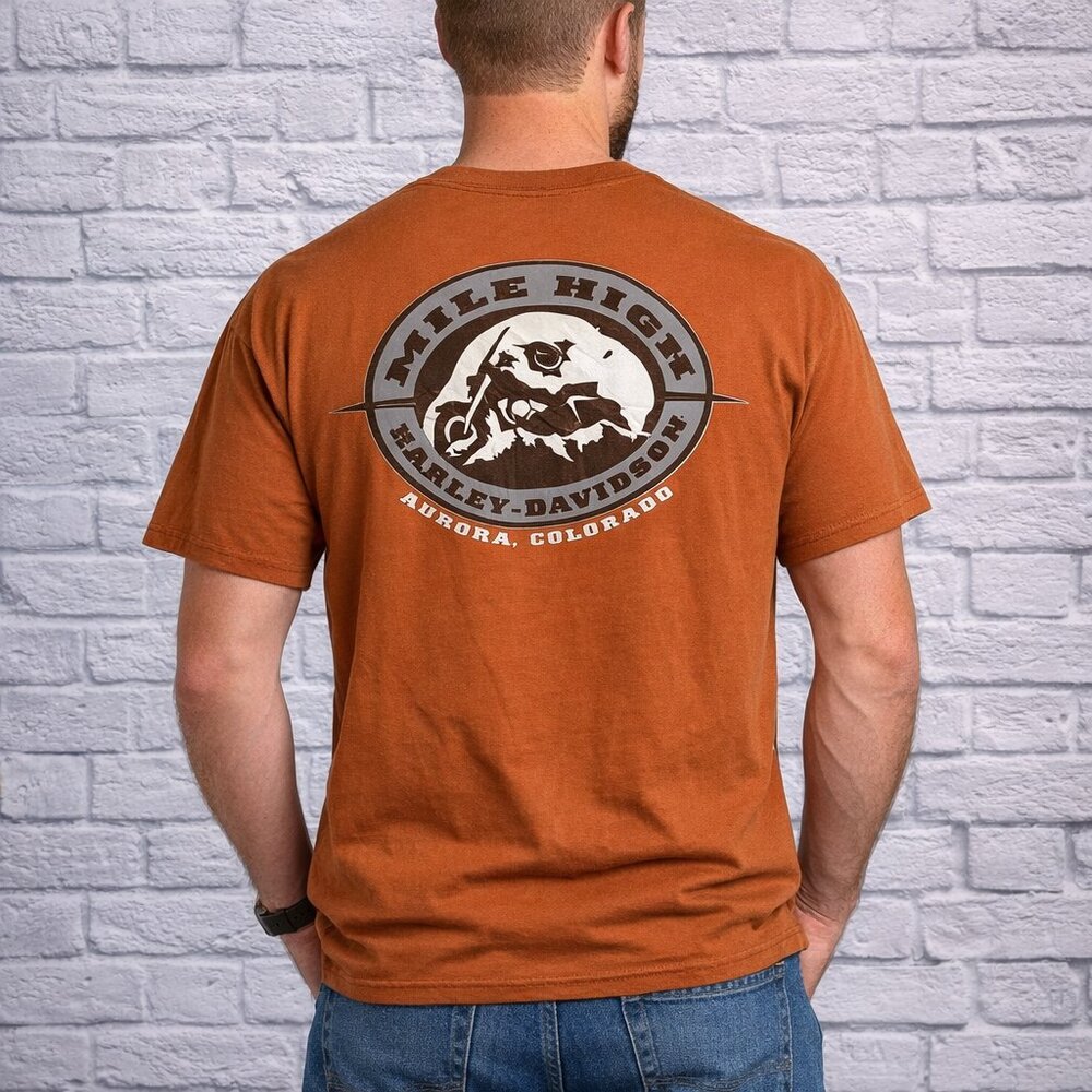 Harley Davidson Men's Large L Orange Mile High Colorado Graphic Tee T-Shirt